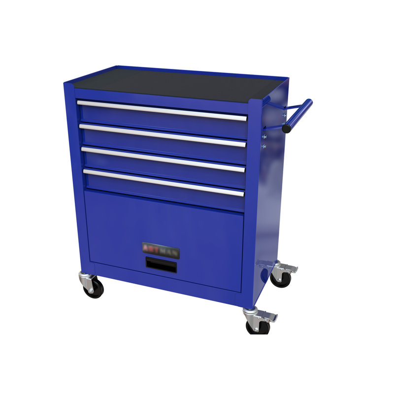 Armoire de rangement bleue avec 4 outils. Pour atelier, garage. Boîte à outils 4 "à 2 freins et fonctionnels. Entrepôt, garage, atelier. Fabrication en métal à 4 roues, pratique