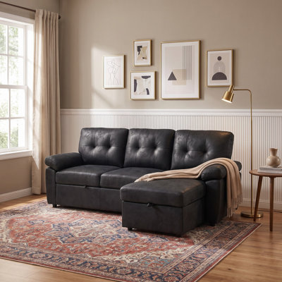 88.5" L-Shaped Sectional Sofa with Pull-Out Bed, Storage Chaise & Padded Armrests - Mid-Century Modern Black Fabric Design