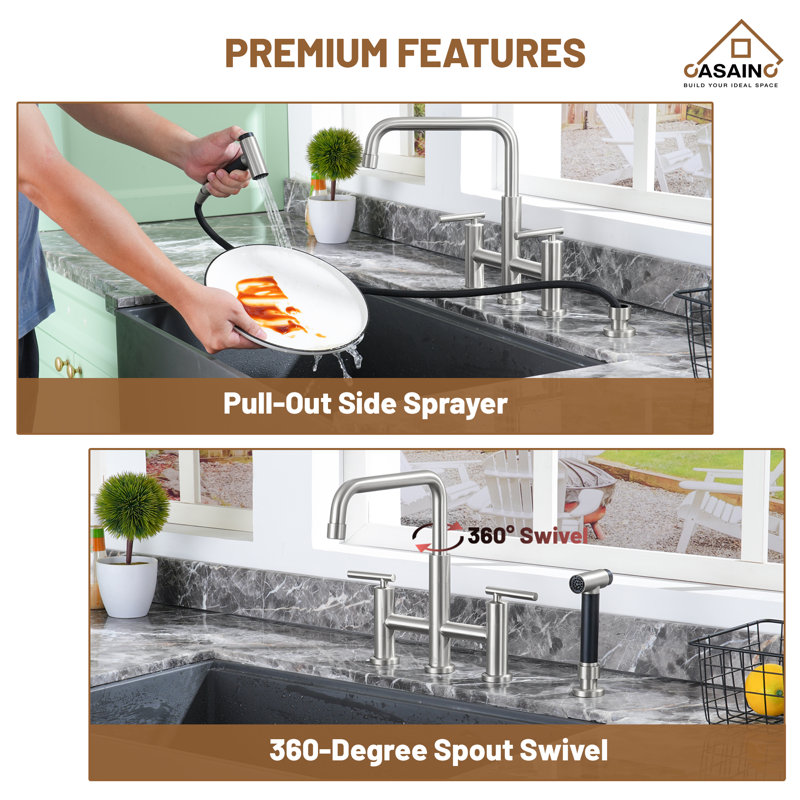 Sleek 2-Handle Bridge Kitchen Faucet with Pull-Out Side Sprayer, Silver