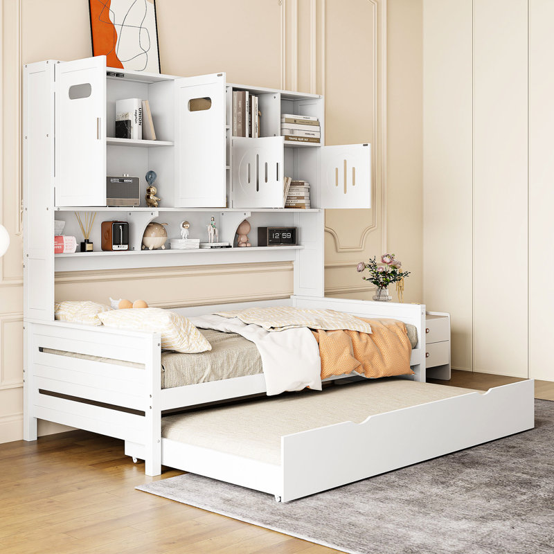 Lit de jour moderne simple avec armoire et lit gigogne, lit polyvalent et polyvalent, Lit simple, Blanc