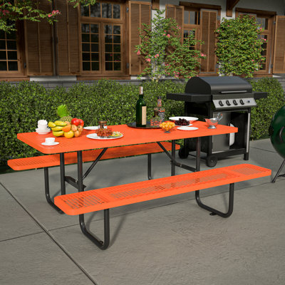 Heavy-Duty Outdoor Orange Metal Picnic Table with Umbrella Hole, Rectangular 6-8 Seats, Commercial-Grade Coated Steel