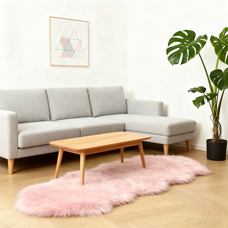 Lush Silky Pink Faux Sheepskin Living Room Rug, Novelty 2' x 6'