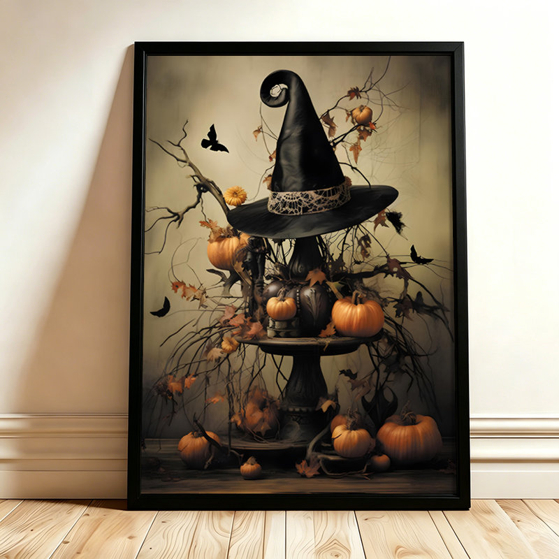 Chapeau de sorcière d'Halloween sur un présentoir à étages avec citrouilles, tableau sur toile encadré, cadre marron, 40 x 60 cm