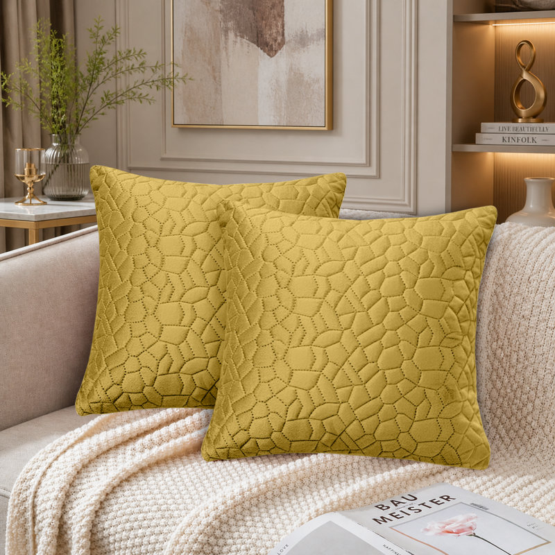 Pebble Pattern Velvet Cushion Covers Set of 2 – Soft Textured Scatter Pillow Covers for Sofa, Bed & Living Room , Ochre