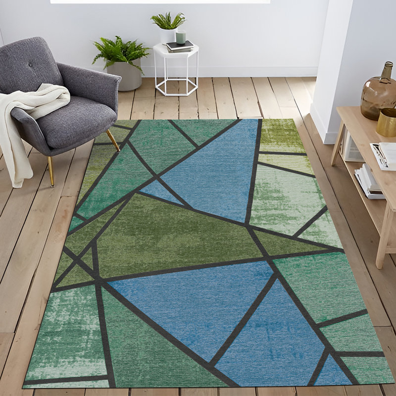 Tapis décoratif à motif géométrique triangulaire bleu-vert, Rectangle 4 pi 11,06 po x 9 pi 10,11 po