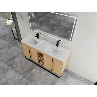 Meuble-lavabo autoportant de 60 po avec double lavabo en résine, porte à fermeture en douceur 4 et support de rangement à 3 ouvertures, emballage KD, contreplaqué