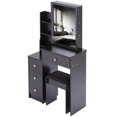 Petit meuble-lavabo 29,2 po avec tabouret de chevet gauche + tabouret rembourré, très grand miroir coulissant à droite, rangement multi-couches à grande capacité, commode pratique