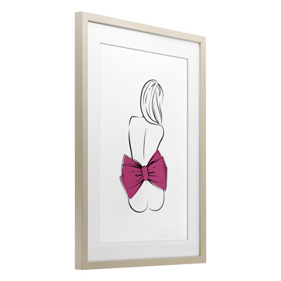 Pink Bow Nude Framed Print Under Glass, design by Martina Pavlova