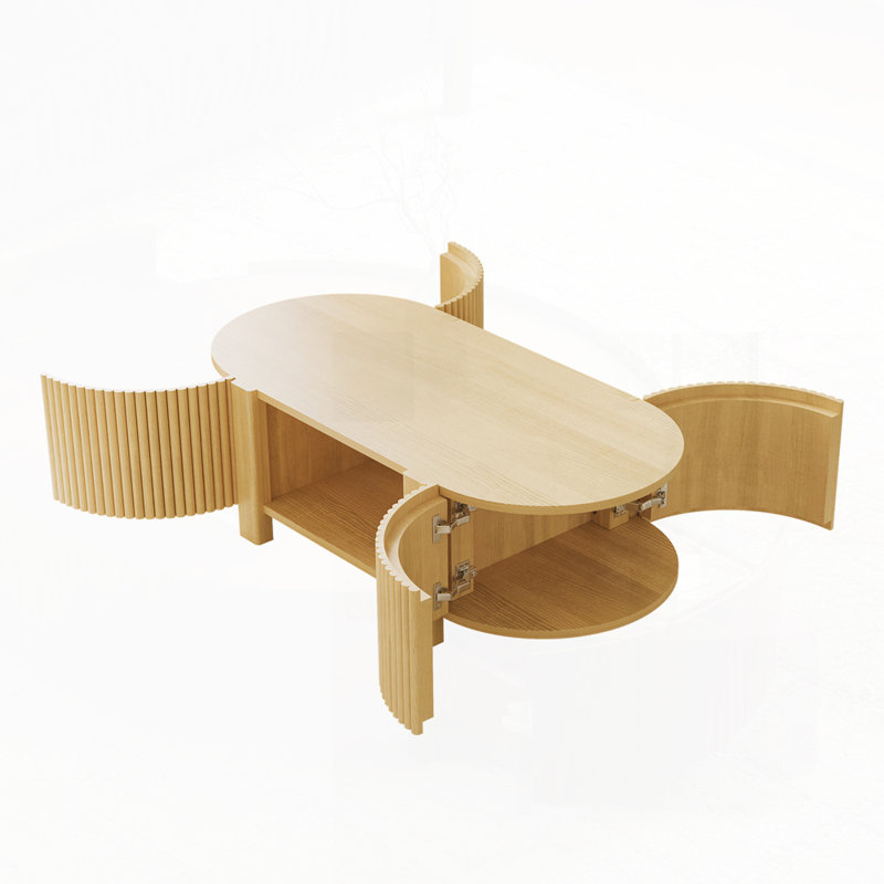Table basse ovale en caoutchouc et bois cannelé avec rangement, Naturel