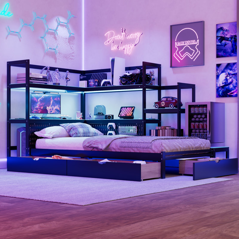 Lit de jour simple pour lit de jeu avec bureau intégré et lumière DEL, base de lit en bois moderne avec 3 tiroirs de rangement et station de charge intégrée, bibliothèque multifonctionnelle noir et bleu