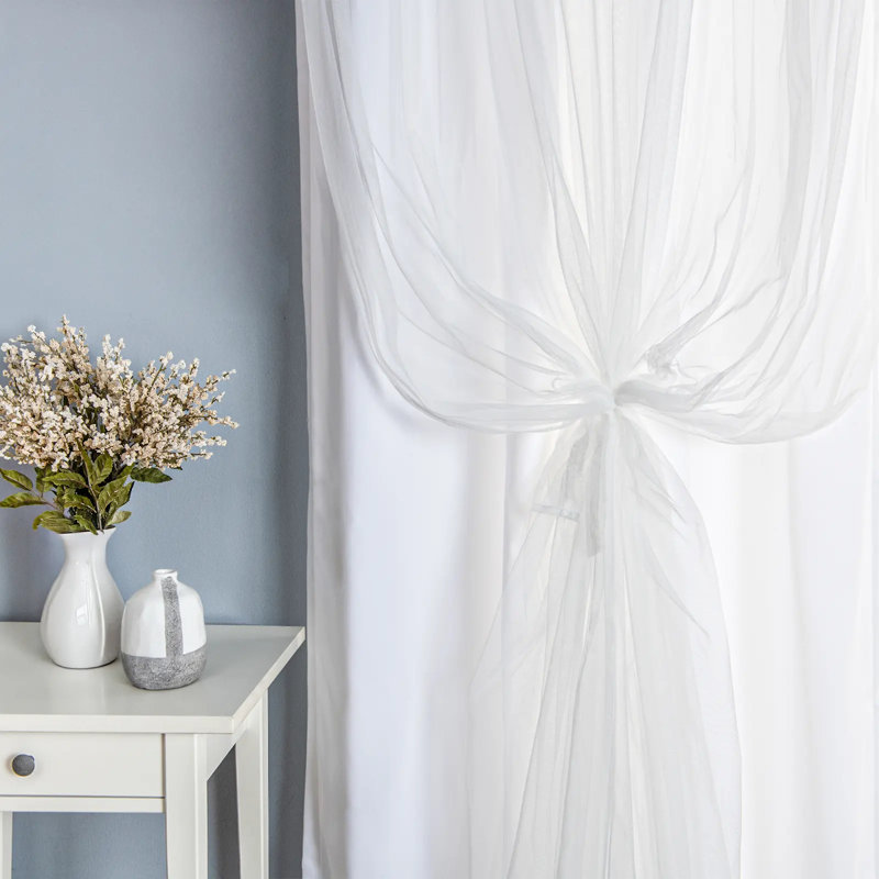 Fortuna Brockham Solid Tulle Overlay Room Darkening Grommet Curtain Panels, White, 52" W x 84" L