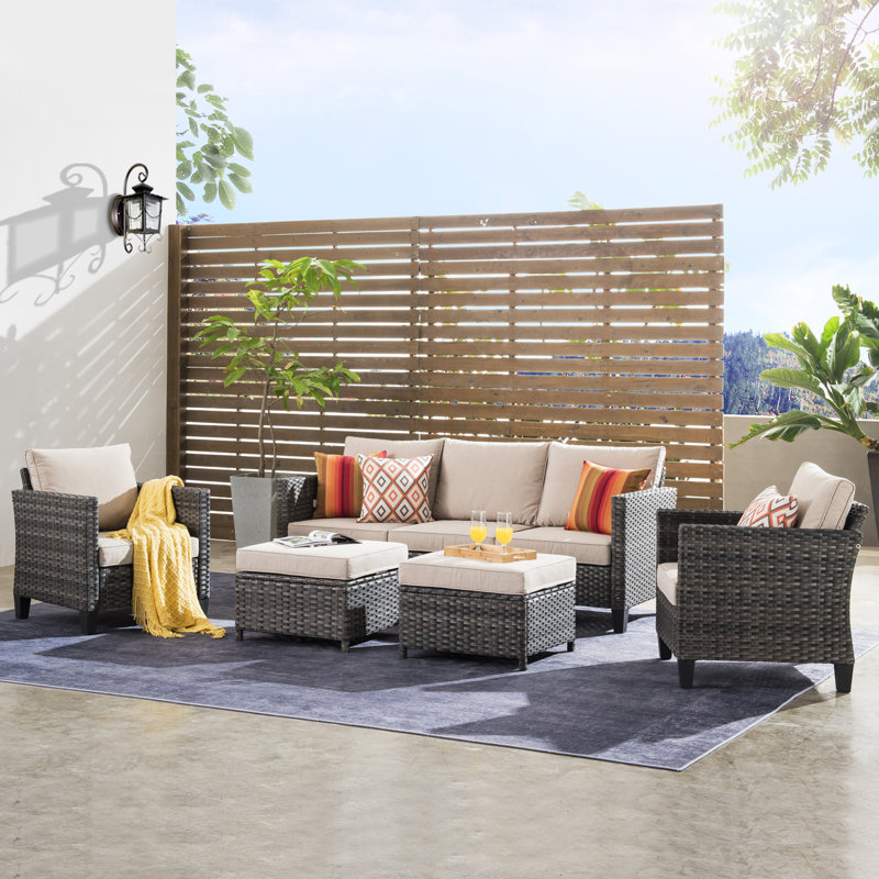 Amerissa Rattan Sectional Seating Group with Cushions, Light Beige