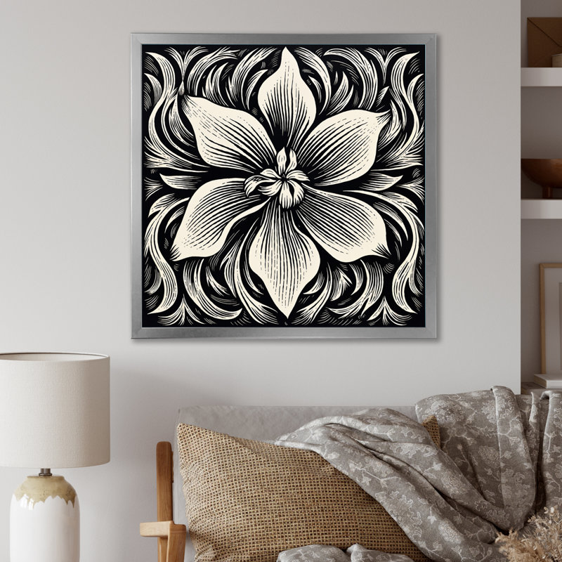 Iris monochrome en noir et blanc sur toile, Cadre simple argenté, H 24 po x l 24 po x P 1 po
