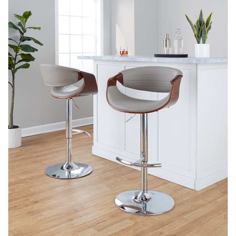 Lakyia Adjustable Faux Leather Bar Stool with Rounded T Footrest (Set of 2), Chrome, Gray/Walnut Wood