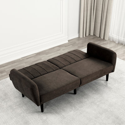 Brun, moderne, futon, support de dossier en fer, convertible en lit, tissu, dossier cannelé, bras de suspension à ressorts ensachés Mid-Century, ressorts, lit convertible