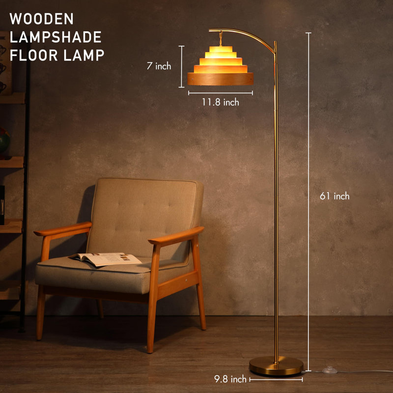 Lampe sur pied, lampe sur pied moderne Mid-Century avec abat-jour en bois stratifié, lampe de lecture haute (laiton antique)