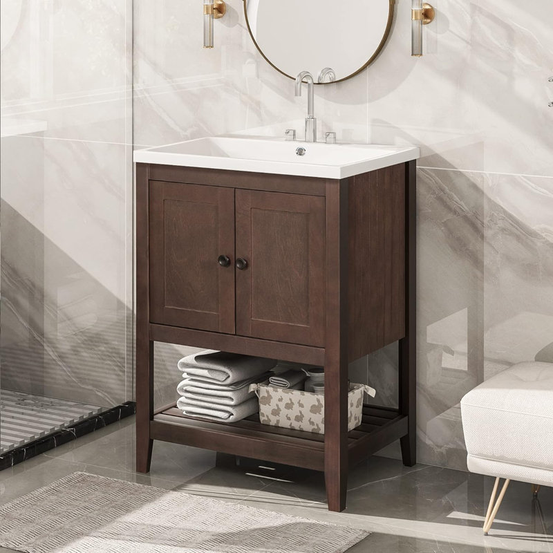 Ensemble de meuble-lavabo simple 17,8 po avec plateau en bois Oka, Brun