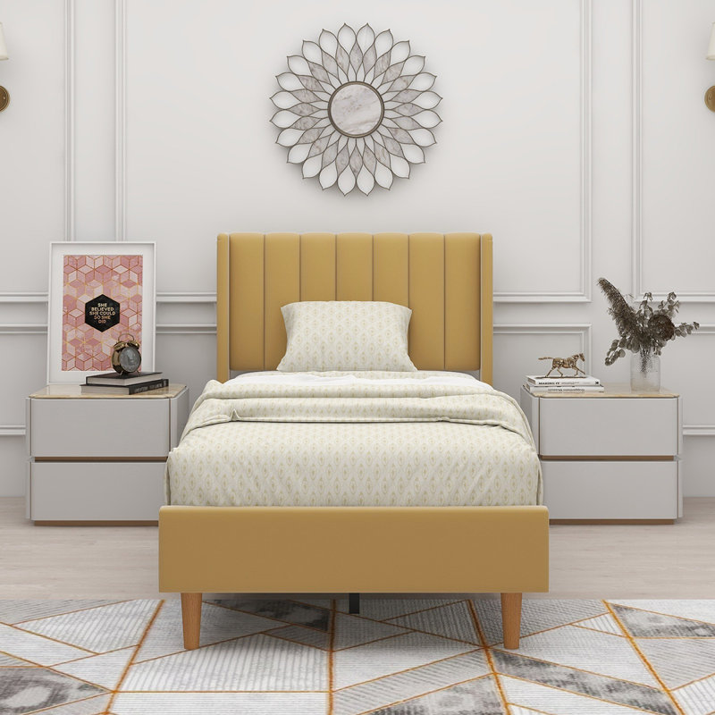 Eriksay Low Profile Upholstered Platform Bed with Wingback Headboard, Dark Gray Velvet, Twin