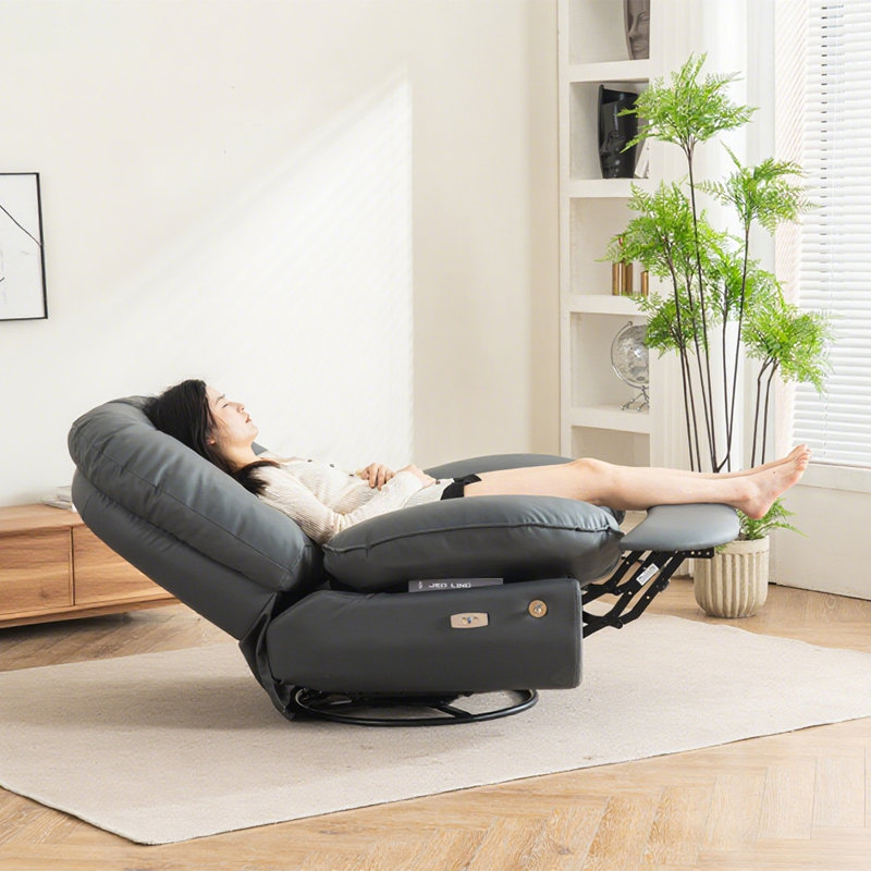 Fauteuil inclinable électrique 37,5 po en similicuir gris foncé avec ports USB et Bluetooth, pivotant et berçant, Gris foncé