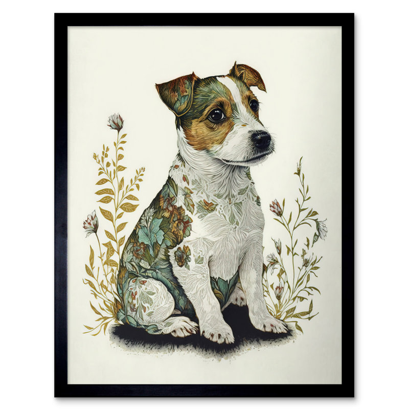 Cute Jack Russel Dog Puppy And Flower Patterns Colour Pencil - Single Picture Frame Print