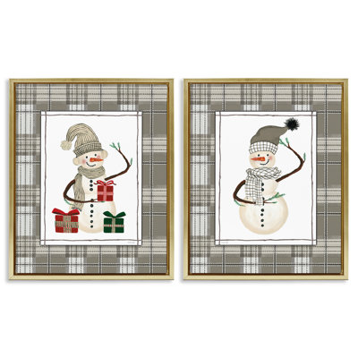 Ensemble de 2 cadres flottants Cozy Snowmen on Plaid, design par Cindy Jacobs