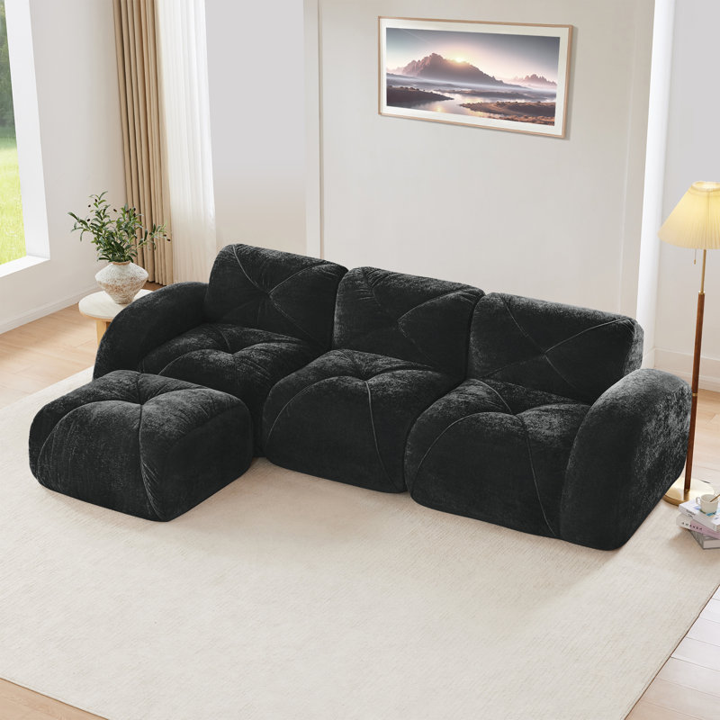 Canapé à compression, canapé en L, canapé en tissu de velours, pour le salon, H 29,9 po x l 110,6 po x P 67,3 po, 3, Noir
