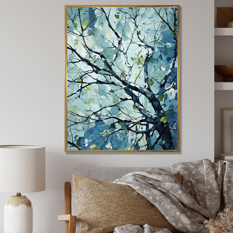 «Blue Springtime Basswood Tree», art mural arbre, Cadre flottant doré, H 20 po x l 12 po x P 1 po