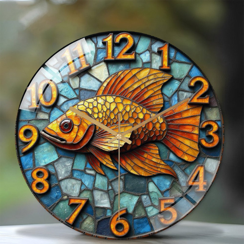 Stained Glass Fish Wall Clock Elegant Home Decor Art - 12'' Modern Glass Wall Clock