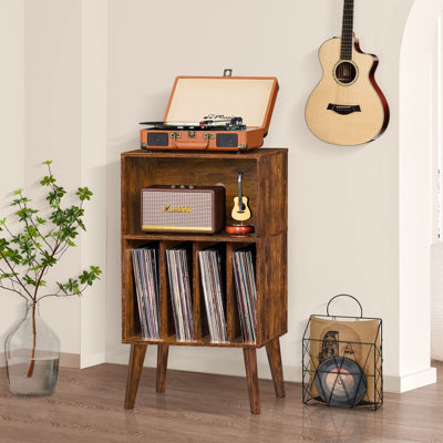 Record Player Stand with Vinyl Storage, Solid Wood Legs & Display Shelf