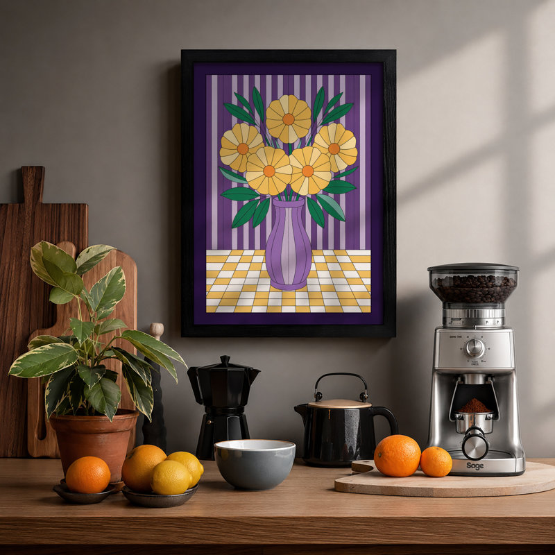 Flowers in Purple Vase Mid-Century - Framed Print, A3 - 42.0 x 29.7 cm, Black