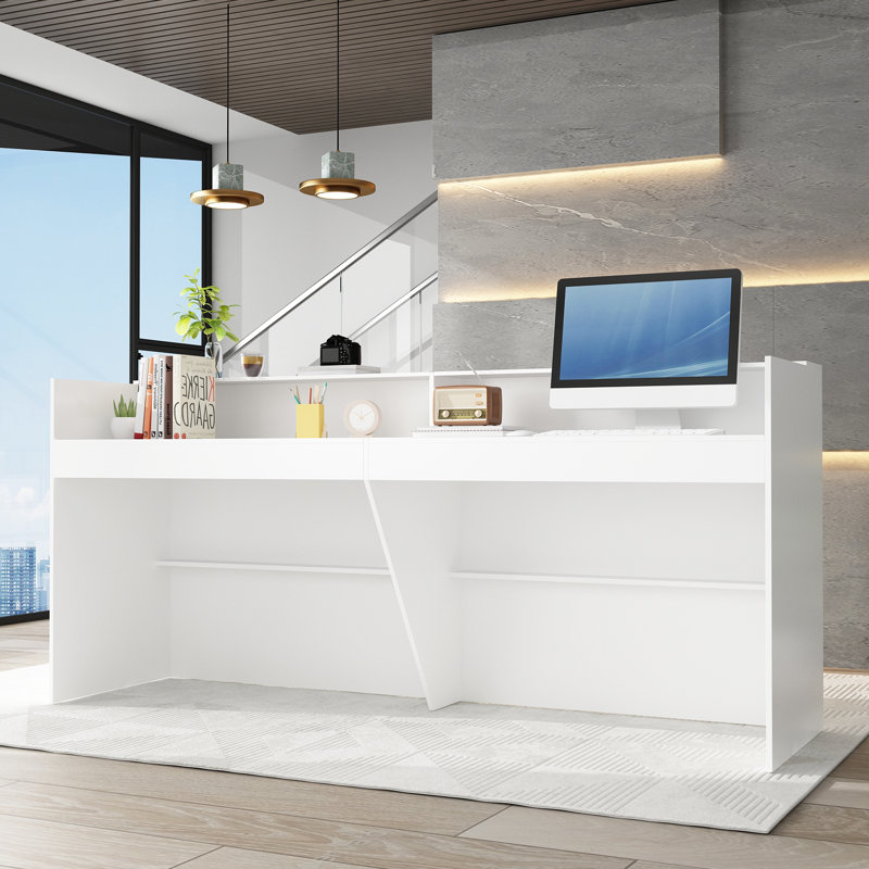 Bureau de réception rectangulaire en bois manufacturé pour 2 personnes avec tablettes de rangement