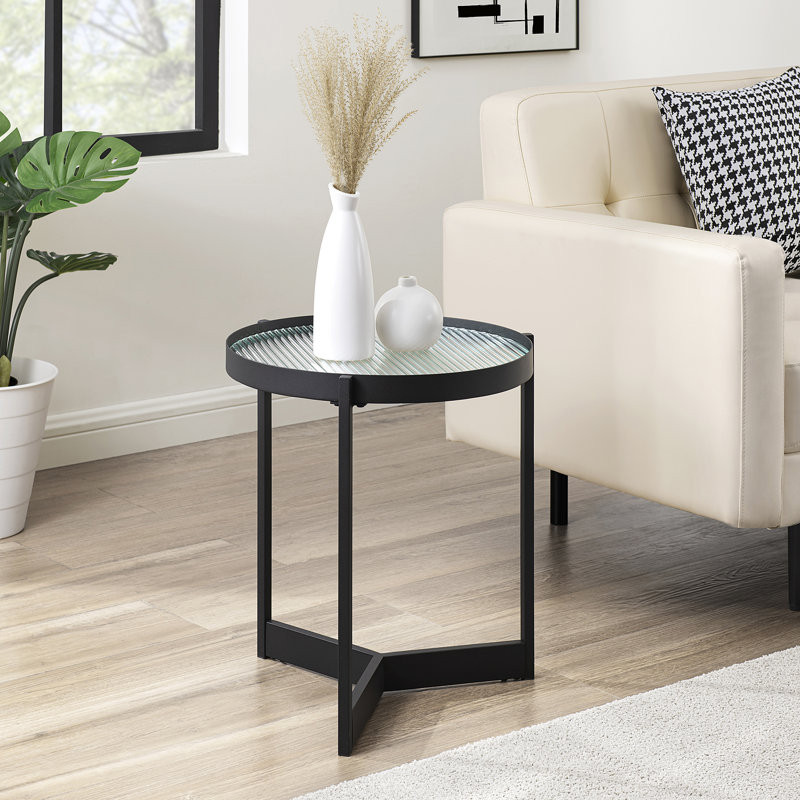 Akay Glass Top End Table, Black, Fluted Glass
