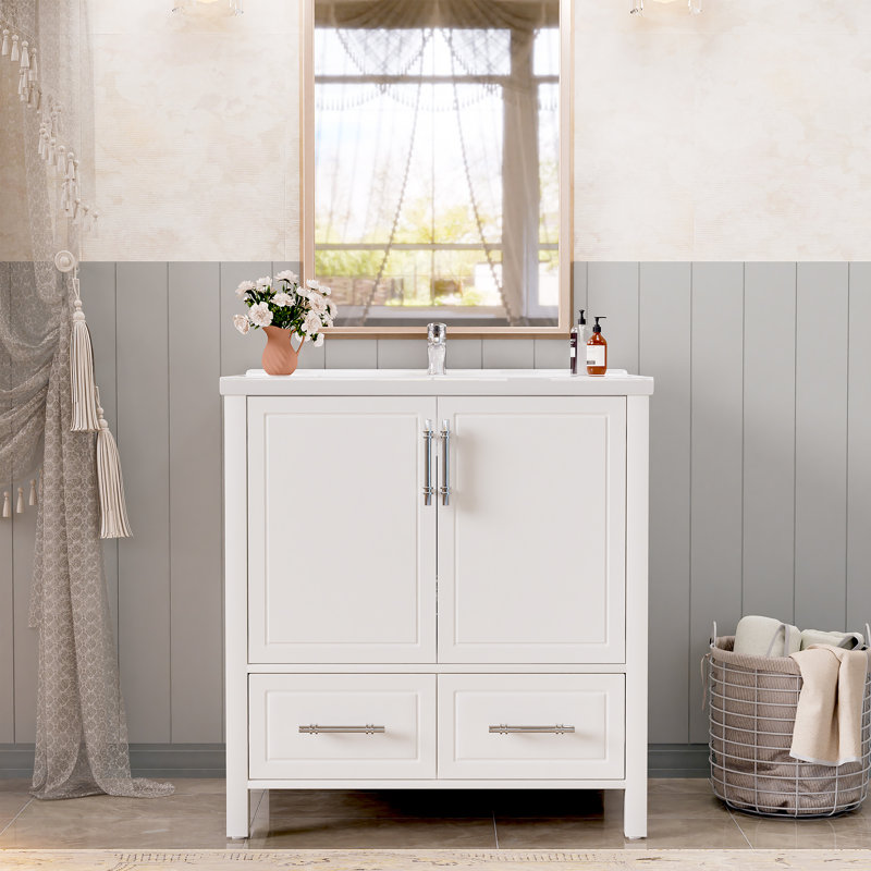 30 po Meuble-lavabo autoportant avec lavabo en céramique et armoire de rangement
