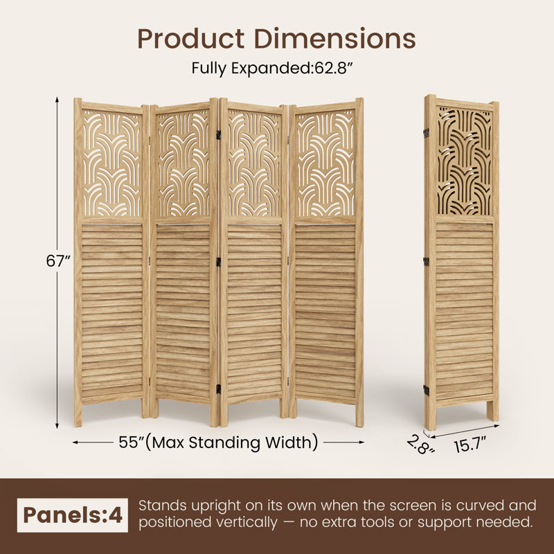 Paravent décoratif ajouré en bois massif, pliable, avec charnières bidirectionnelles à 360° et patins antidérapants, 4