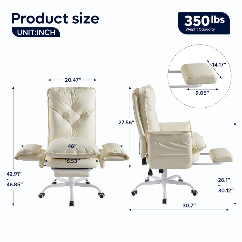Cross Legged Home Office Chair with Footrest and Reversible Armrests for PU Leather, Beige, White
