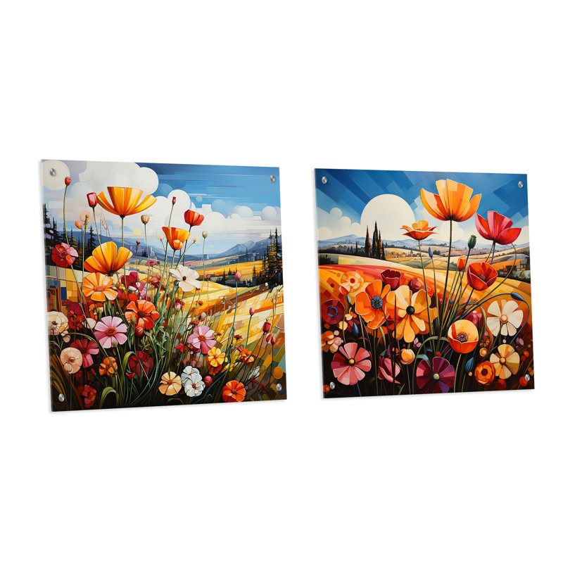 «Abstract Blooms Harmony Field», ensemble de 2 peintures murales en acrylique sur prairie, H 16 po x l 33 po