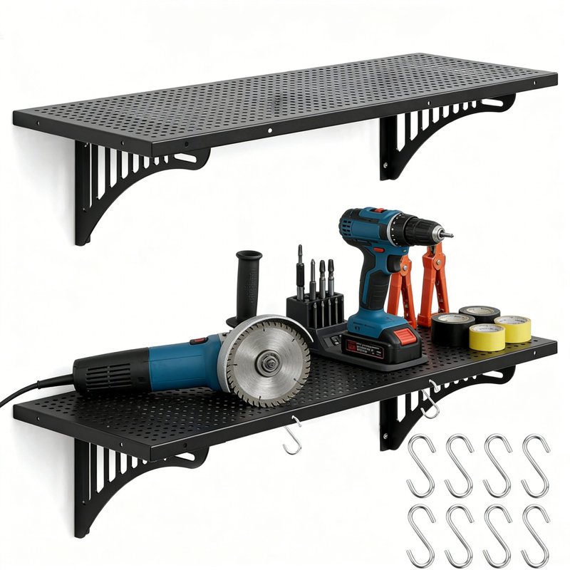 Ensemble de 4 tablettes de garage murales robustes - 1,4 x 4 pieds avec tablettes intégrées, crochets flottants pour l'organisation du garage, support à outils, étagères en métal noir