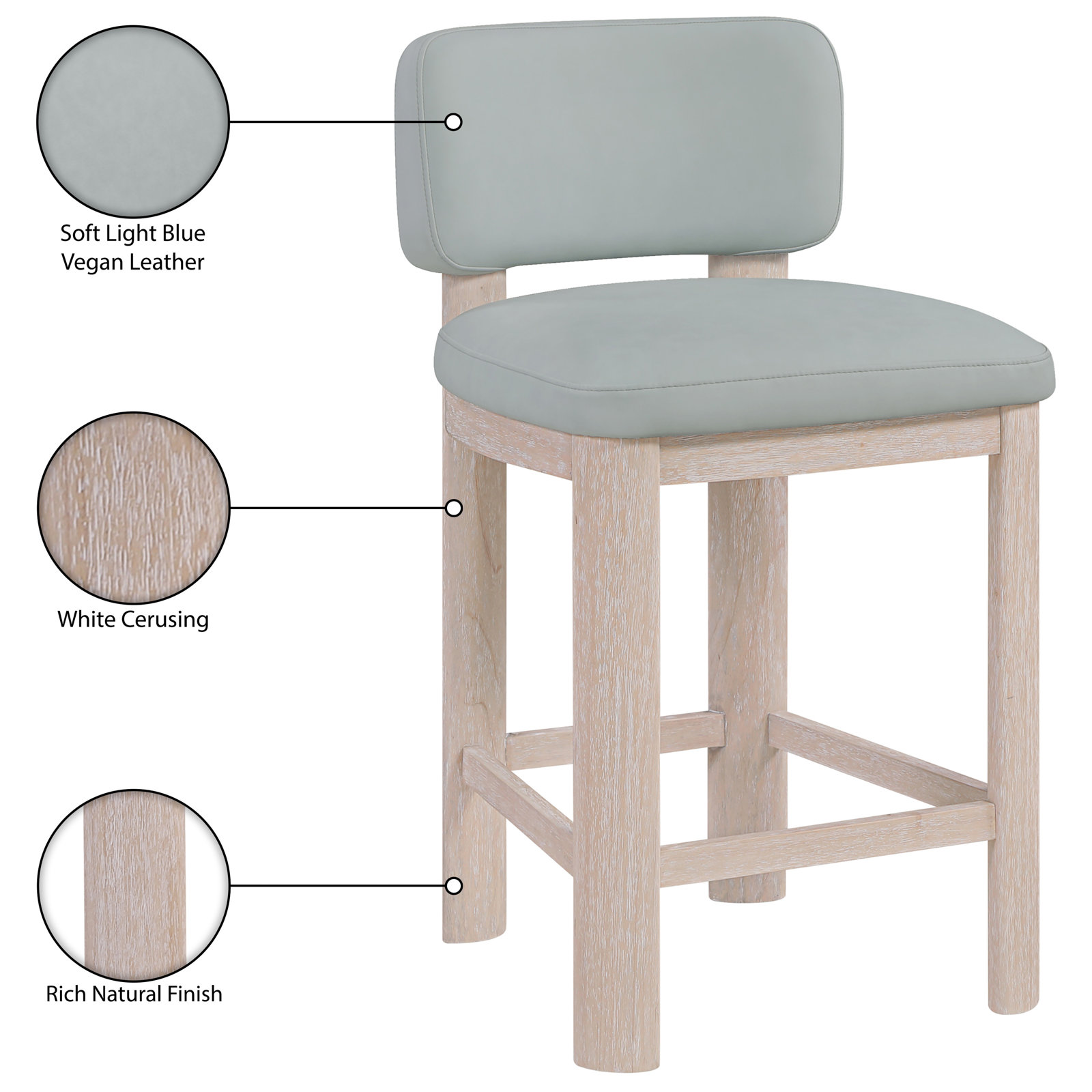 Falesia 26 " Bar Stool, Light Blue Vegan Leather, Natural