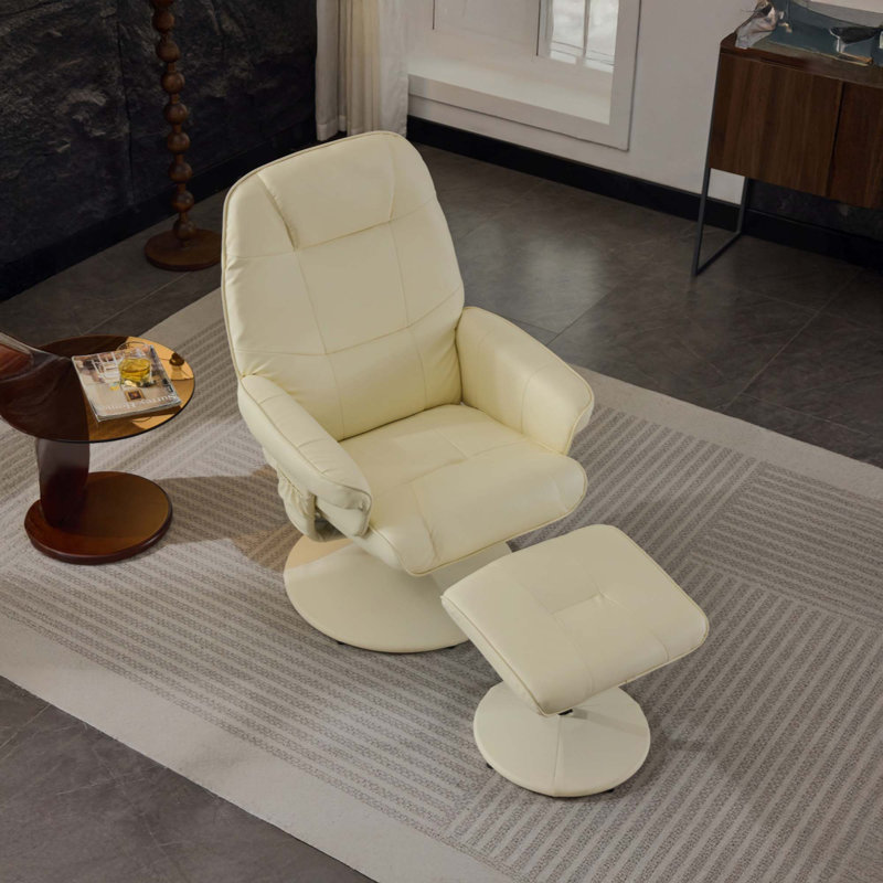 Fauteuil inclinable contemporain en cuir 29,5 po avec repose-pieds pivotant en métal, Similicuir beige