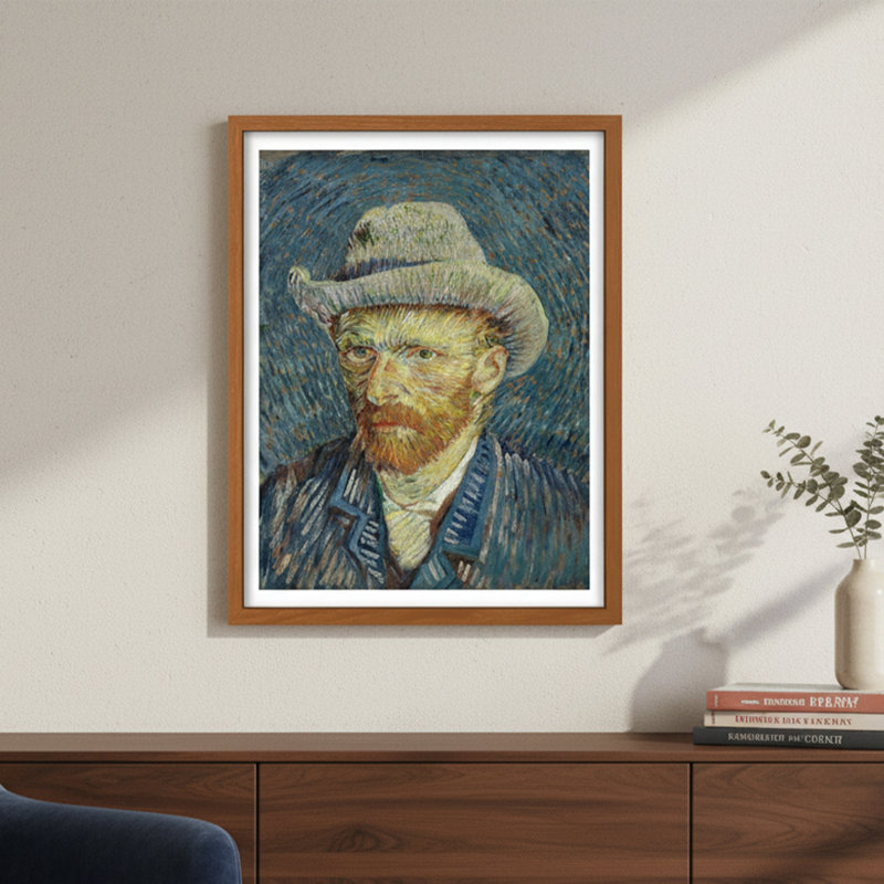 Autoportrait avec un chapeau de feutre gris, H 10 po x l 8 po, Cadre flottant en métal noir