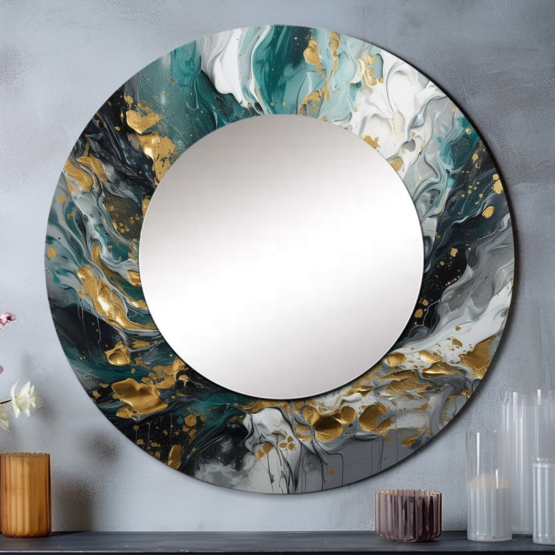 Encre de sarcelle dorée sur pierre - miroir abstrait, miroir mural rond doré unique, impression d'art en métal, 36 po x 36 po
