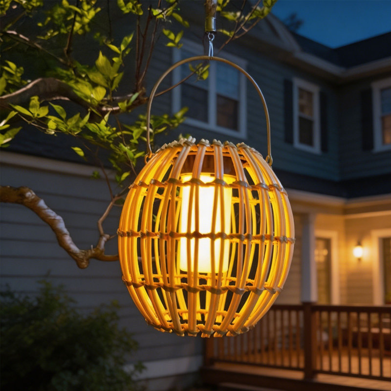 Veilleuse ronde ronde en plastique rotin lampe solaire d'extérieur avec lumière DEL chaude pour patio et décoration bohémienne