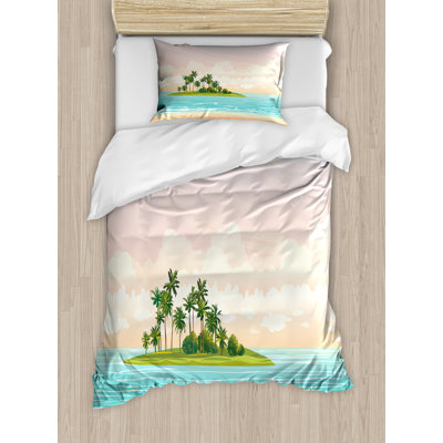 Ambesonne Island Duvet Cover Set, Jungle at Sunset Sky Clouds, Twin, Olive Green Peach -  nev_73687_twin