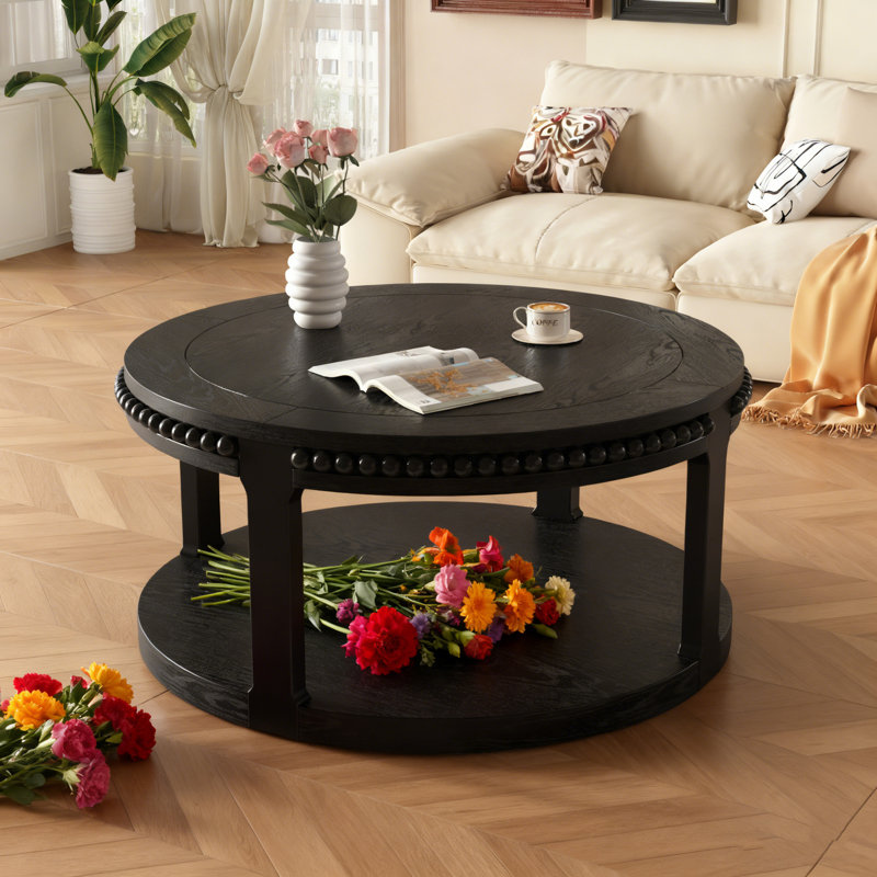 Table basse ronde en bois massif de 31,5 po pour le salon, bureau en bois rustique à 2 niveaux avec tablette de rangement, mobilier de maison moderne (noir)