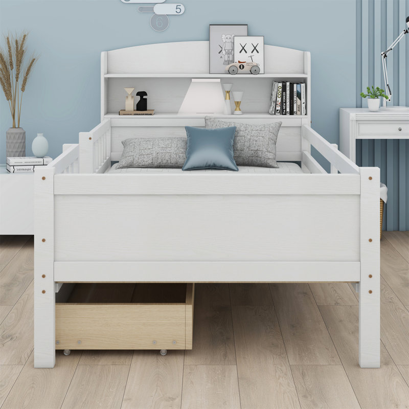 Lit plateforme simple en bois avec éclairage à DEL intégré, garde-corps et 2 tiroirs, Blanc
