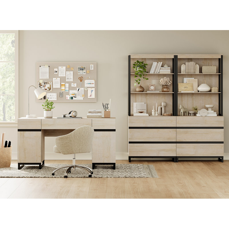 Home Office Furniture Set: 59" Executive Desk With Charging Station & Storage Cabinet + 72" Tall Bookcase With 6 Drawers, Modern Computer Desk & Library Shelf, Wood, Work Study, Beige