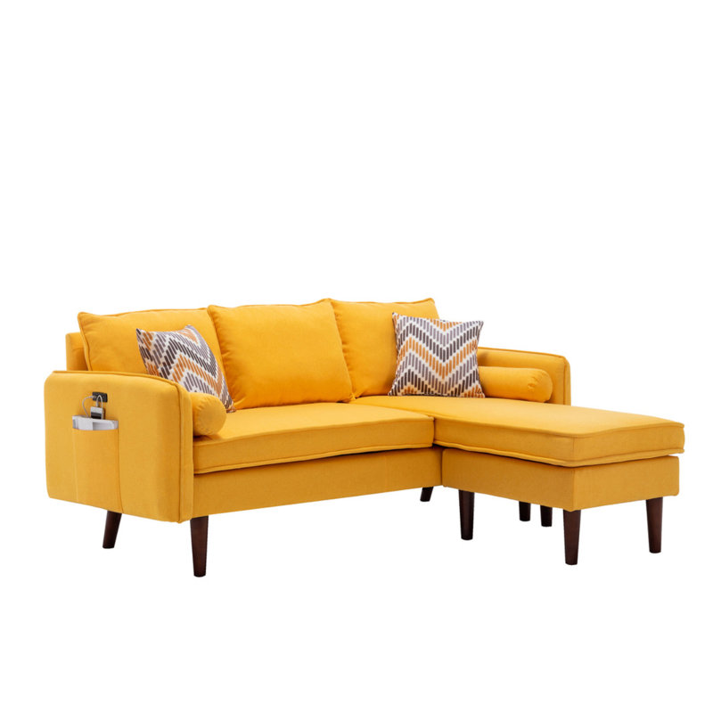 Mia 70"W Yellow Sectional Sofa Chaise With USB Charger & Pillows, Yellow Linen