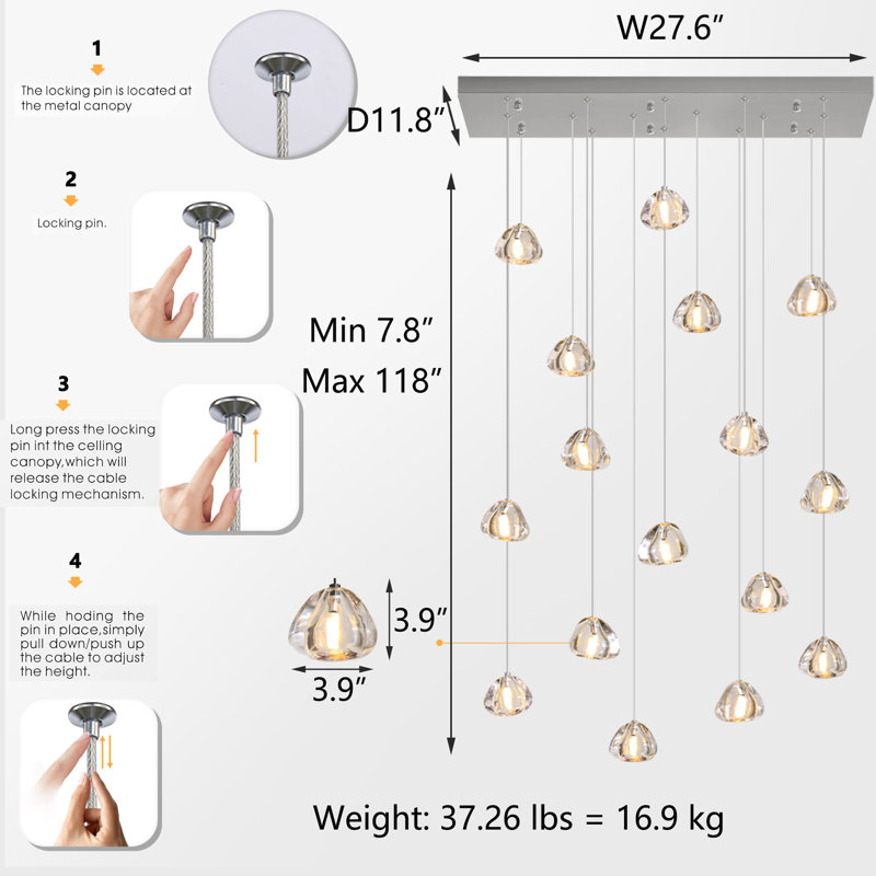 16-Light Dimmable LED Rectangular Crystal Chandeliers, Nickel brossé