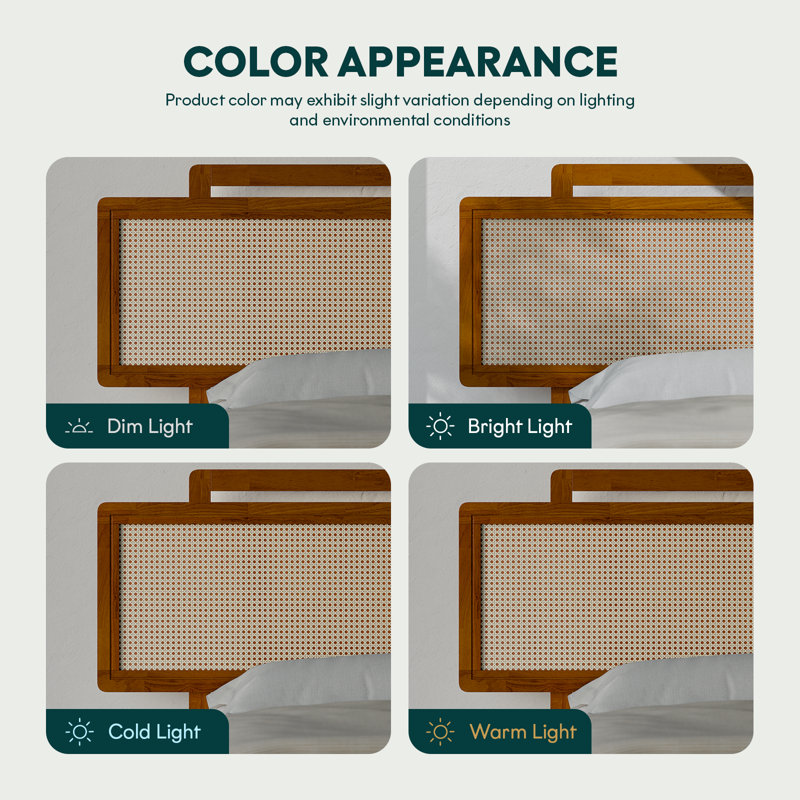 Bme Neil Bed Frame with Rubber Wood and Rattan Headboard – Japanese Elegant Minimalist Design, Sturdy Construction, Easy Assembly – Queen, Milk Chocolate