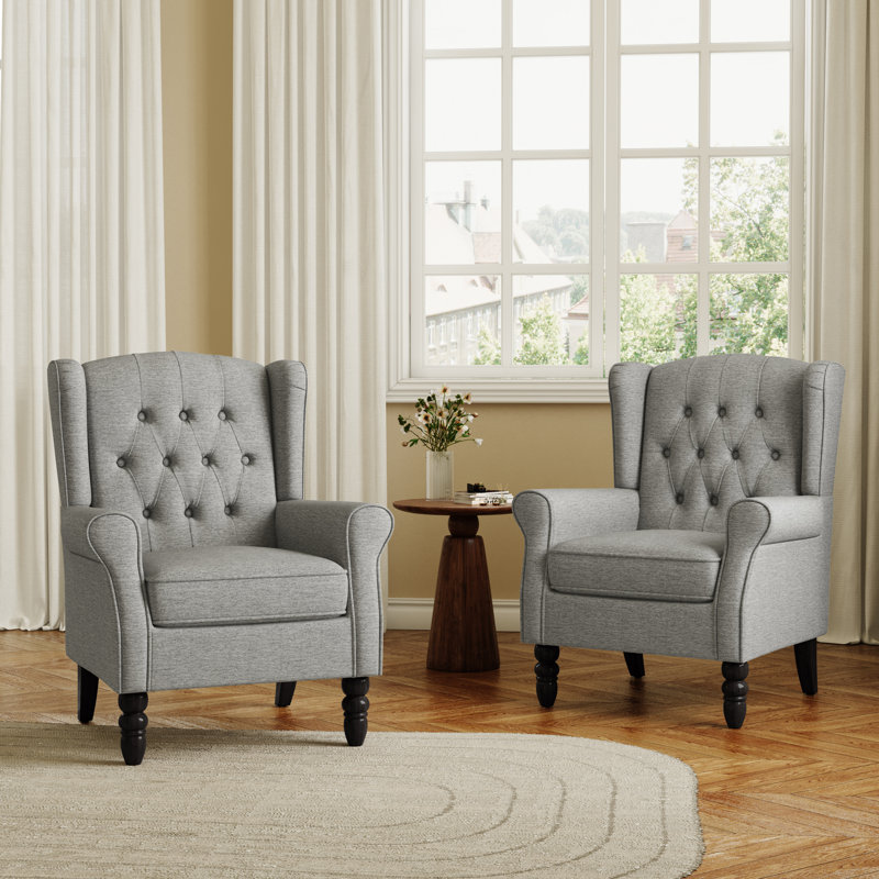 Fauteuil d'appoint à oreilles capitonné avec accoudoirs roulés et coussin épais rembourré gris clair Duward